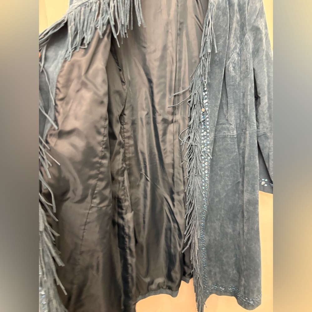 INSANE Y2K Women's Teal Suede Fringe Coat beaded event concert XL - Picture 4 of 13